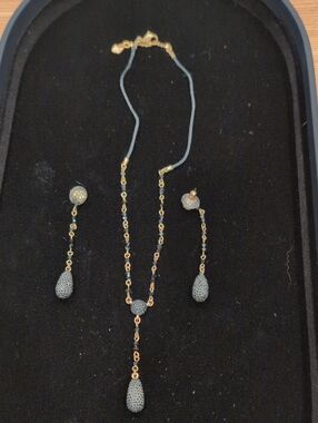Delicate Black And Gold Swarovski Crystal Necklace & Earrings Set; Like New